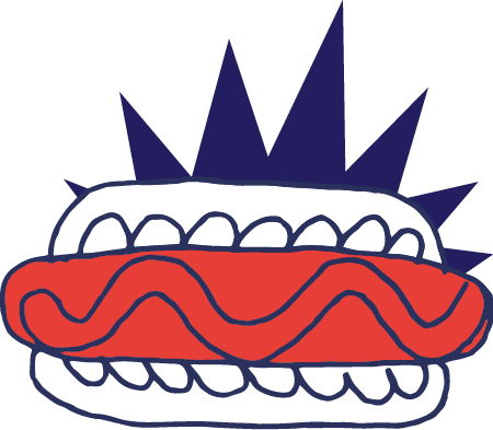 A cartoon hot dog with a red bun and yellow mustard, surrounded by cartoon teeth and sharp spikes in the background.