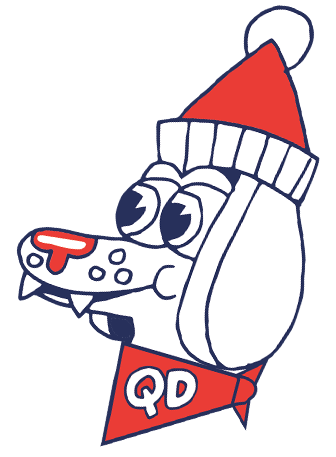 Quik Dog mascot  wearing a beanie and a bandana.