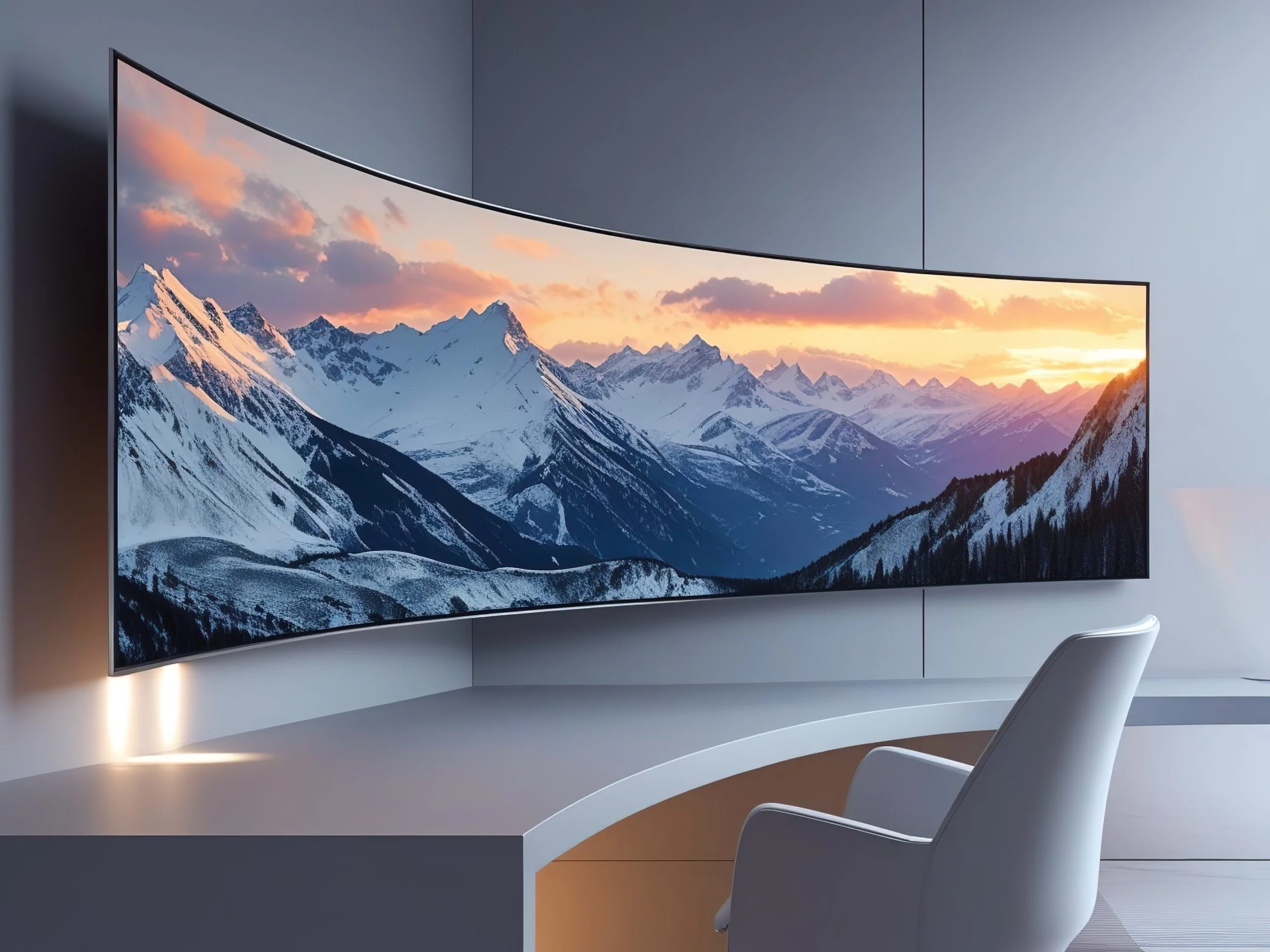 A curved flat-screen television displaying a mountain landscape with snow-covered peaks and a sunset sky in the background. The TV is mounted on a white wall above a white desk, with a white modern chair in front.