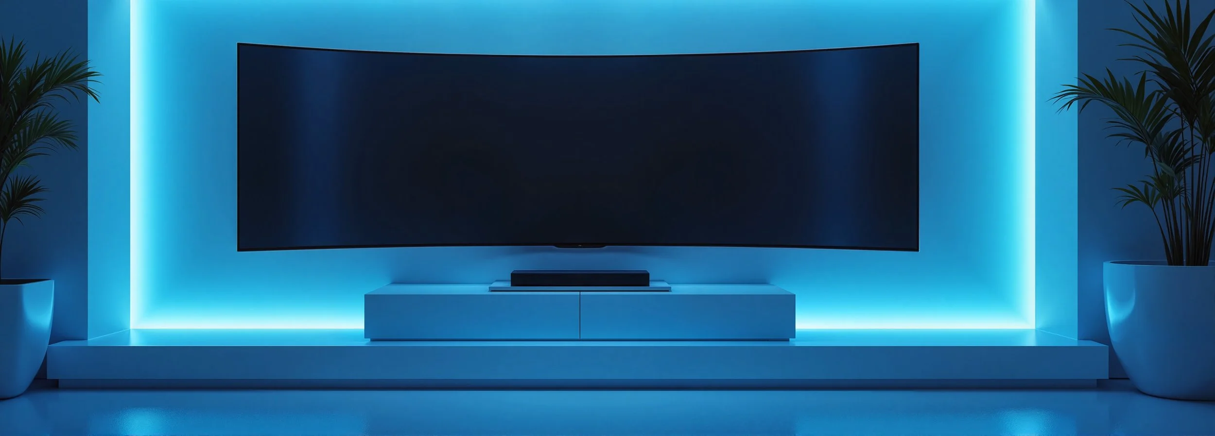 Modern living room entertainment setup with a large flat-screen TV on a white TV stand, blue LED accent lighting on the wall behind, and potted plants on each side.