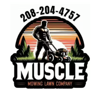 Logo for Muscle Mowing Lawn Company featuring a muscular man mowing grass at sunset.