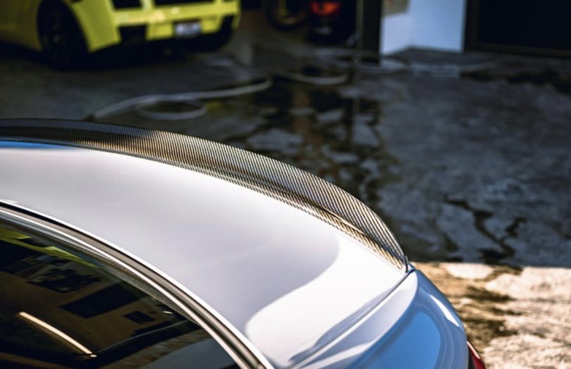 Close-up of a car's metallic hood and roof, with a carbon fiber trim detail visible along the edge.