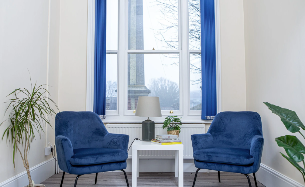 A cozy sitting area with two blue velvet armchairs, a white side table with books and a lamp, flanked by indoor plants, in front of a large window with blue curtains showing a view of an outdoor monument and trees.
