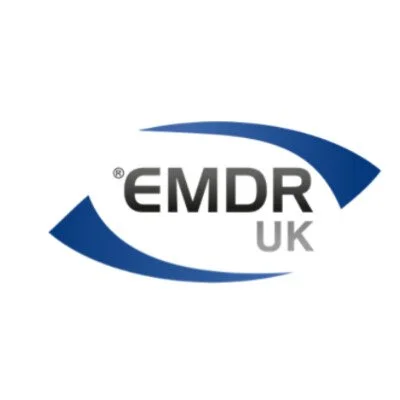 Logo of EMDR UK with blue curved lines above and below the text