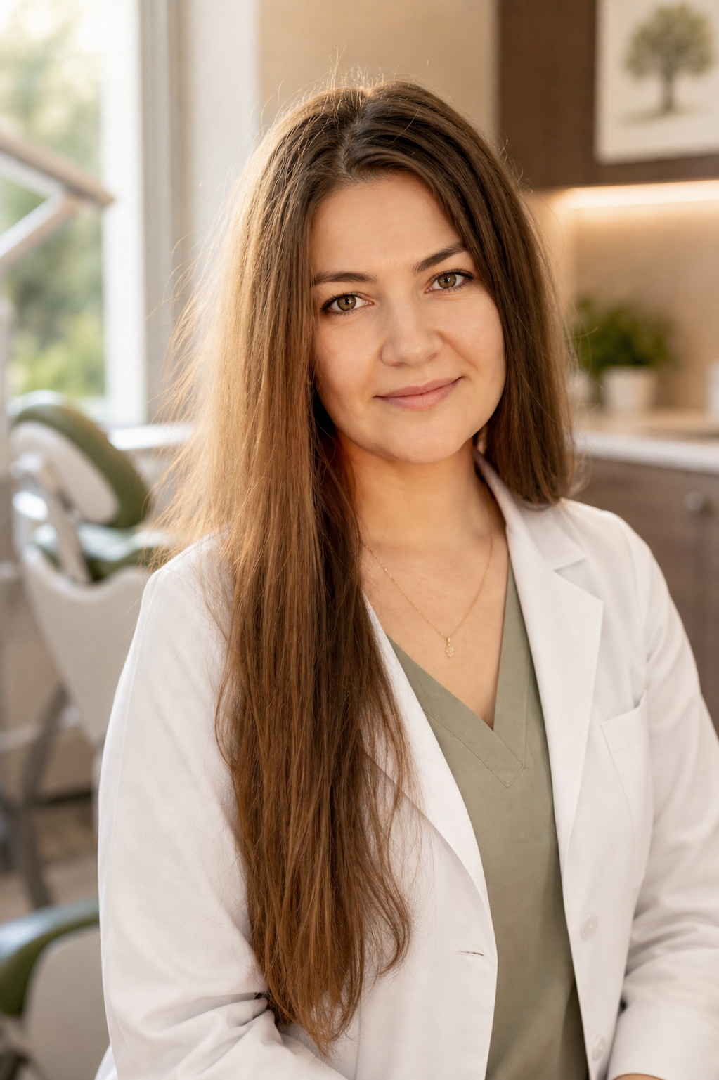 Image of Dr Yuliya Kovalova sitting in a dental office.