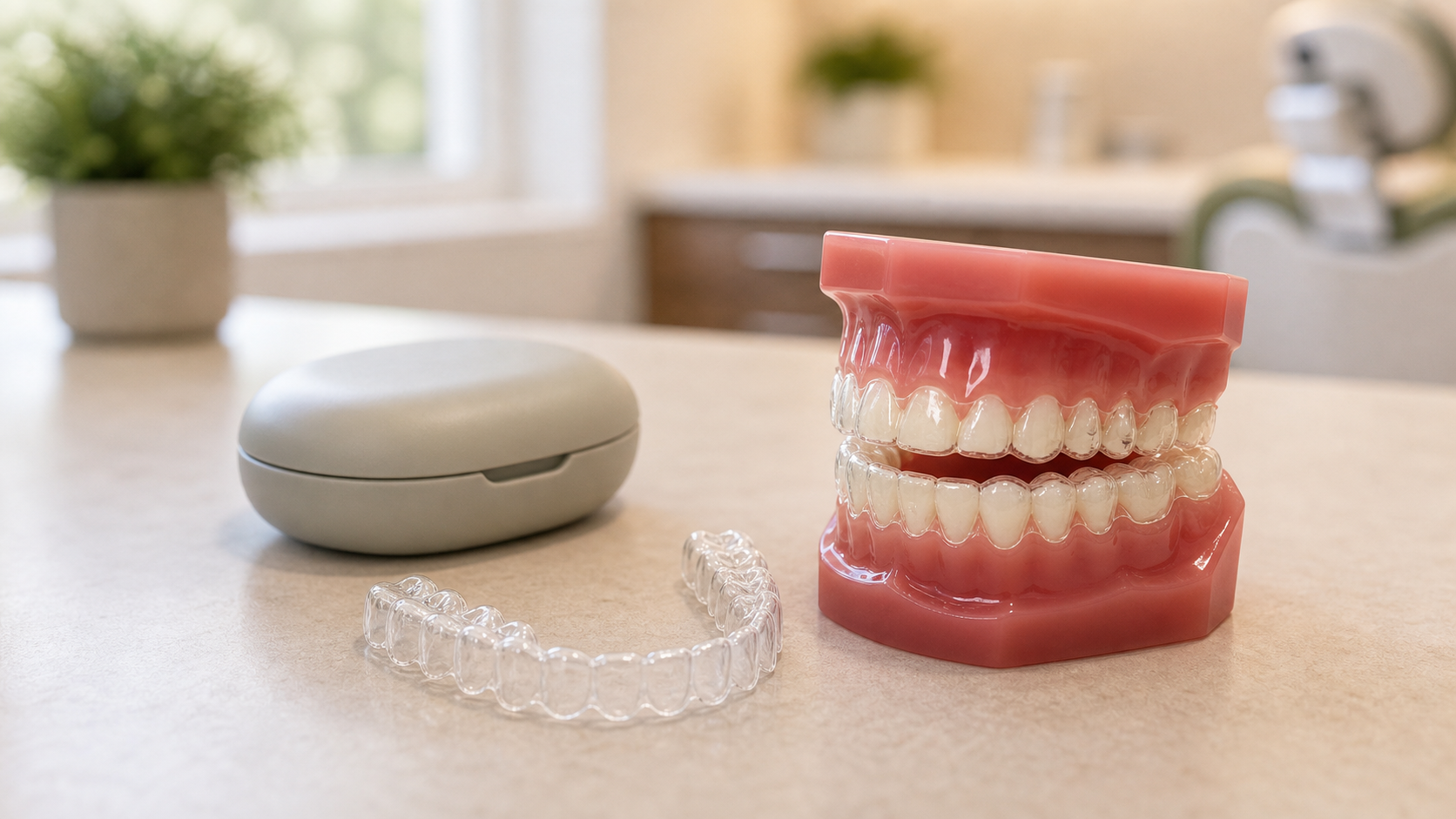 Clear aligner on a dental model with a full arch aligner and rounded storage case in a modern dental office.