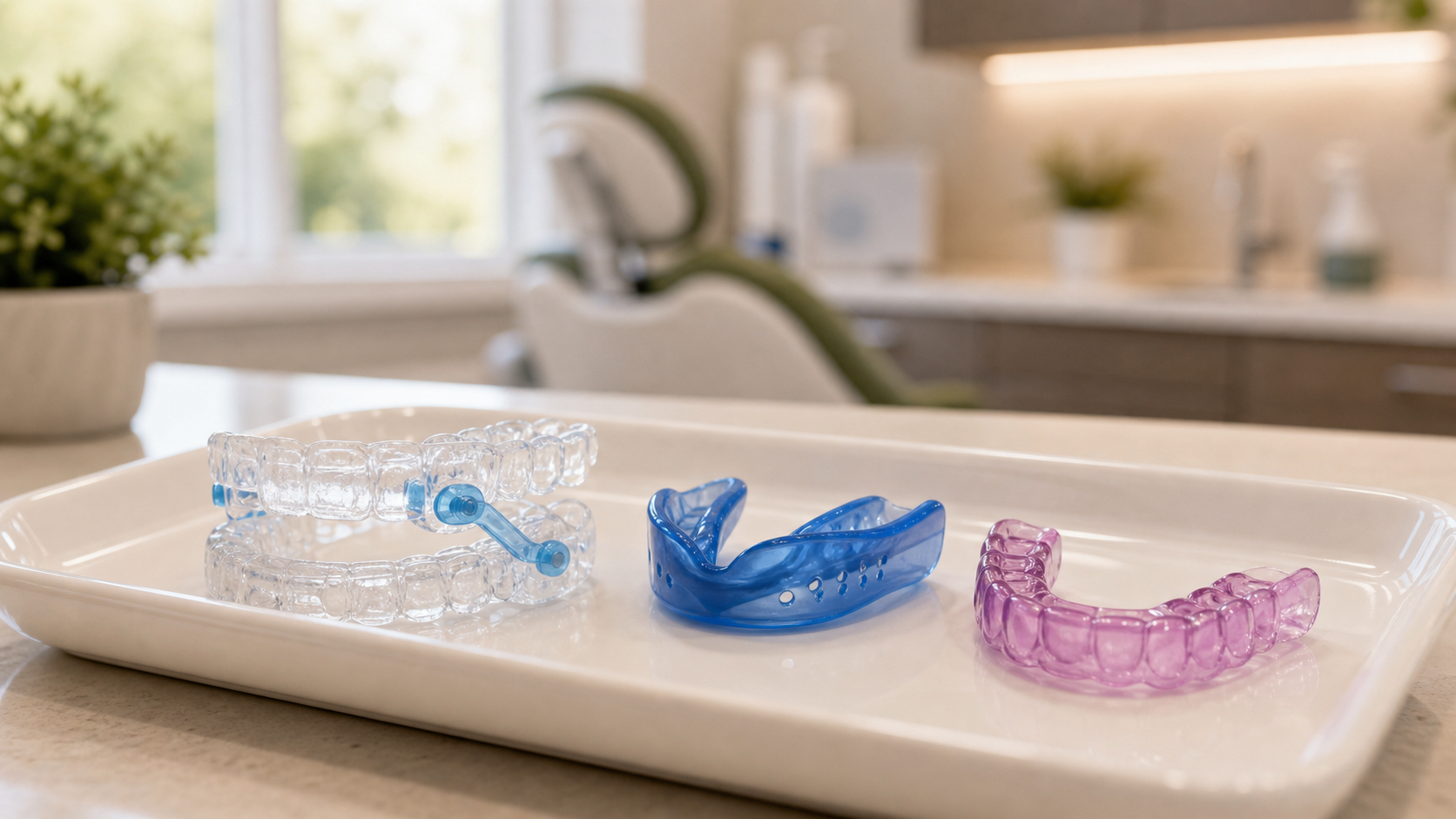 Snoring appliance, sports mouthguard, and nightguard displayed on a tray in a dental office.