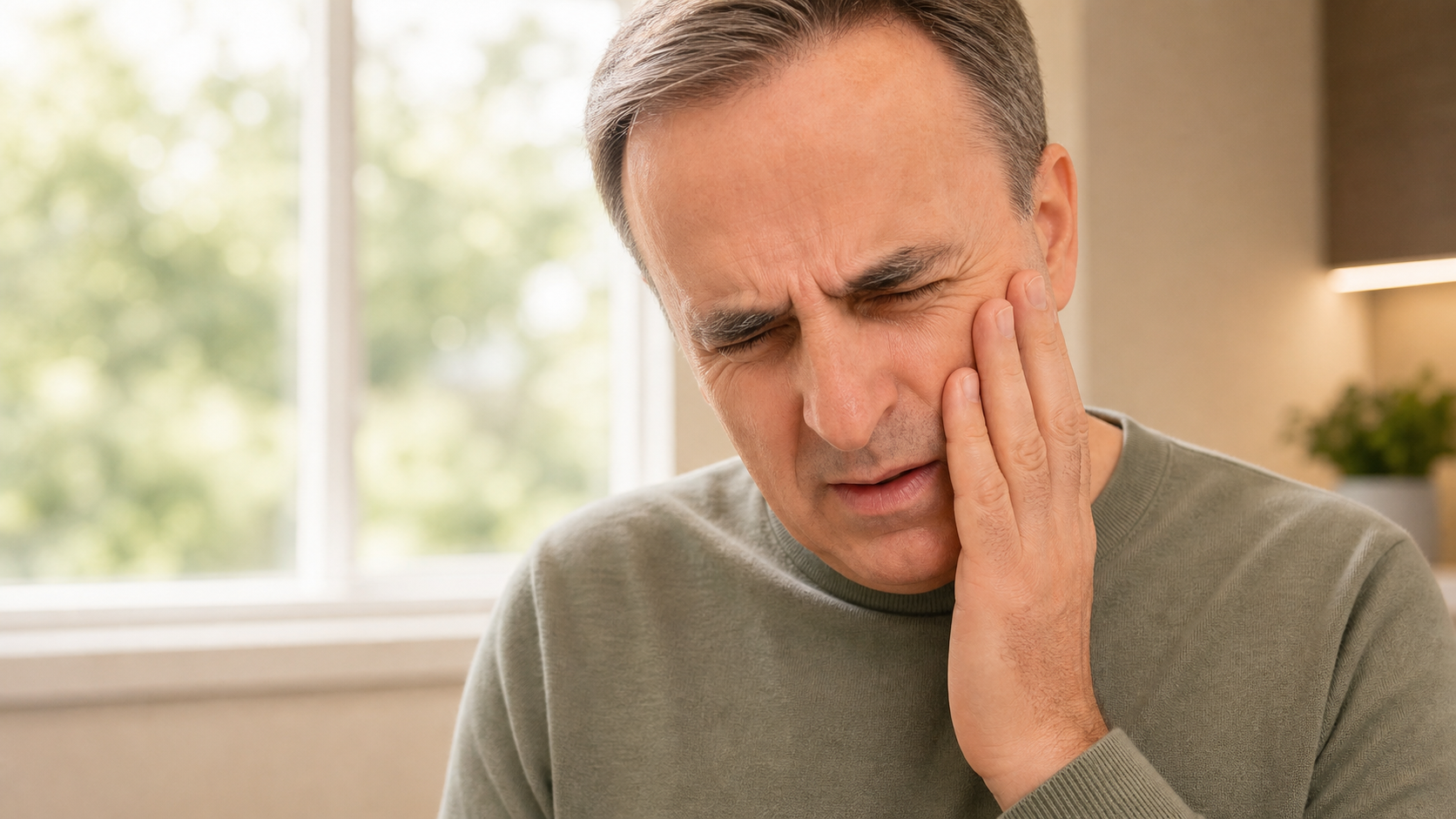 Patient holding his cheek in discomfort during a dental emergency.