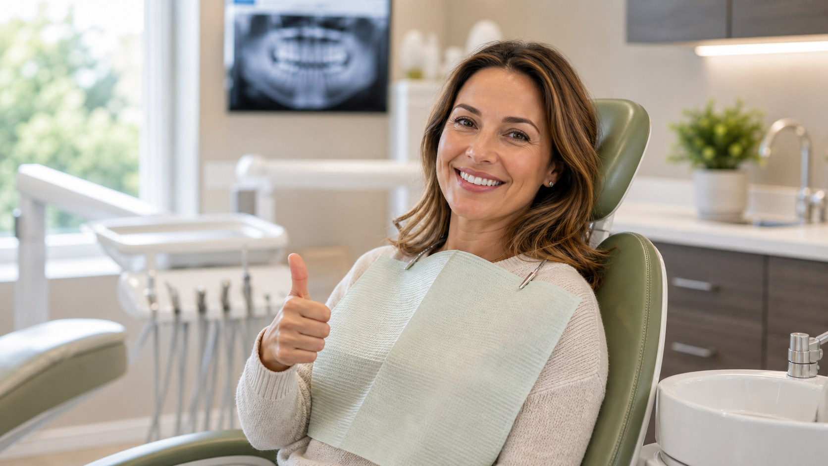 Patient giving a thumbs-up after a routine dental checkup and cleaning.