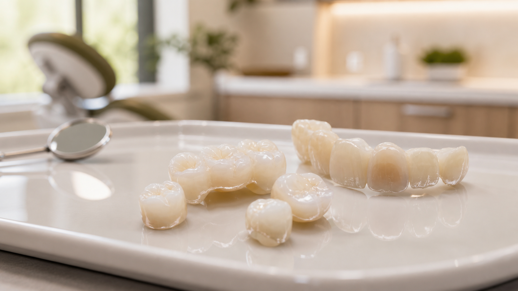 Realistic ceramic dental crowns and bridge displayed on a tray for restorative dentistry.