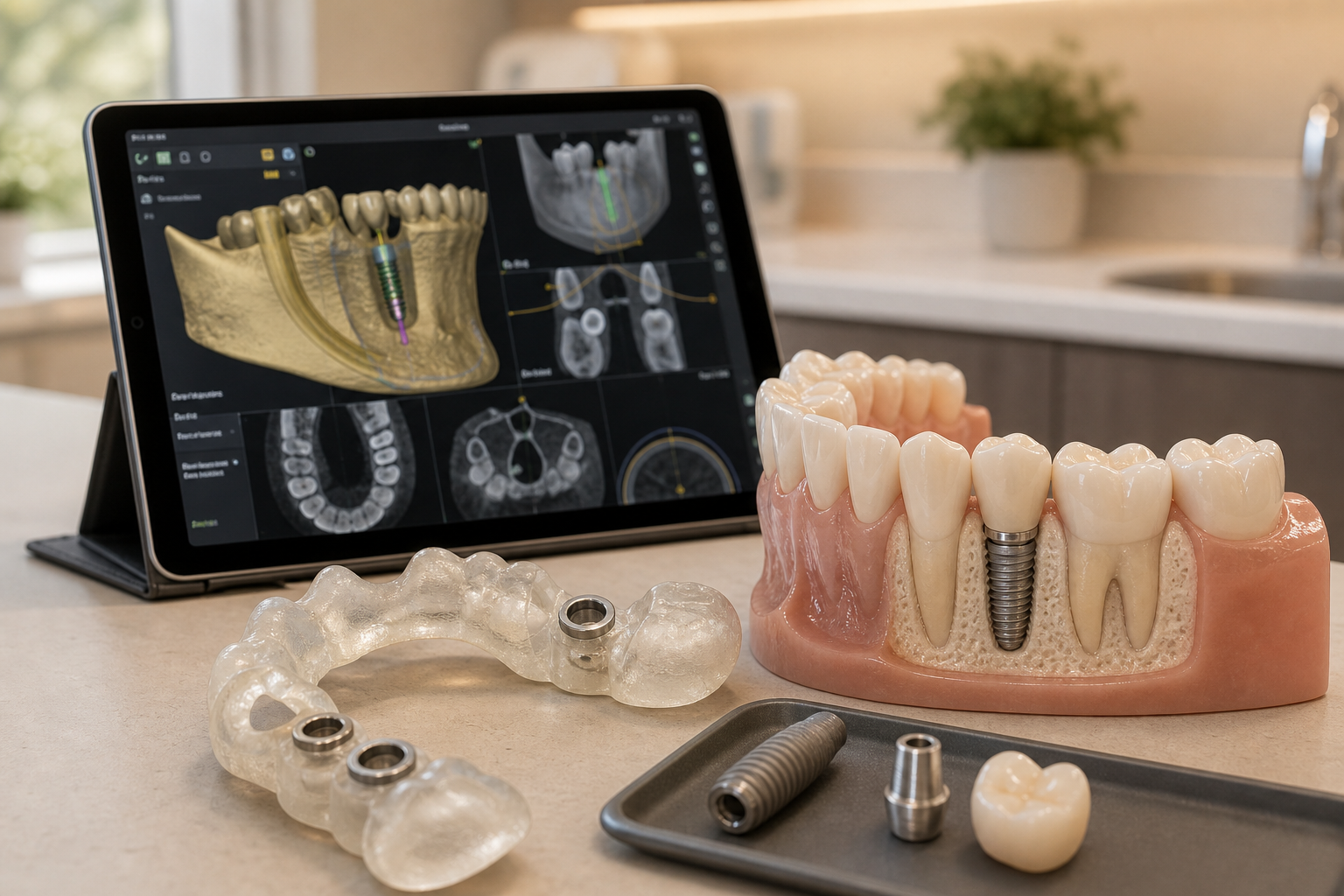 Dentures and dental implant models on a clinic countertop with a tablet displaying digital dental scans and procedures.