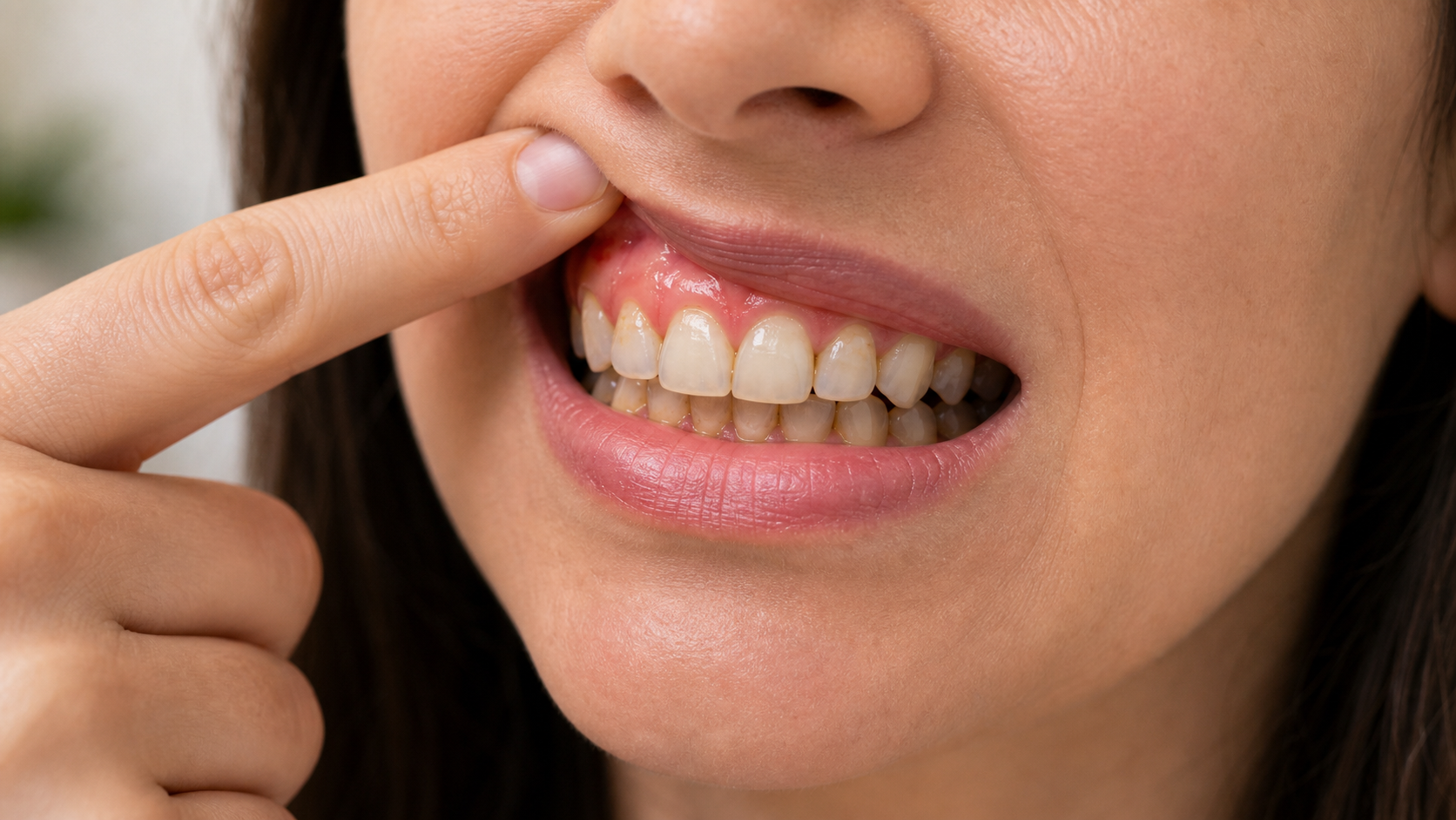 Patient showing inflamed gums with plaque buildup as a sign of periodontal disease.
