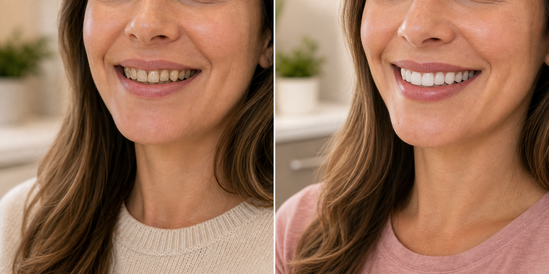 Before-and-after cosmetic dentistry smile transformation showing stained uneven teeth improved to a natural healthy smile.