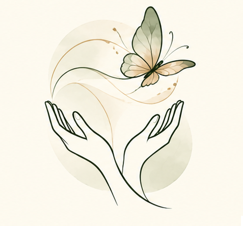 A hand holding a butterfly next to green leaves in a minimalist illustration.