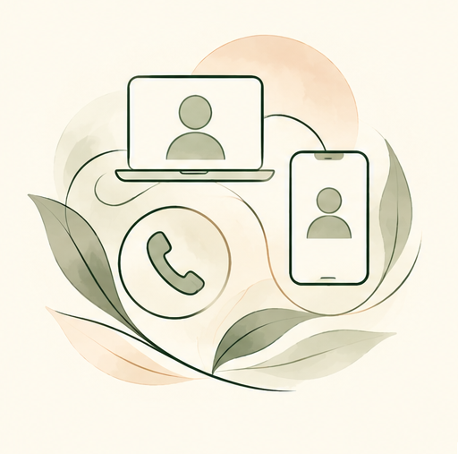 Illustration of a laptop with a person icon on the screen, a telephone icon, and green leaves on a circular background.