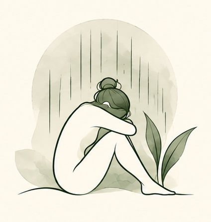 A person sitting with their head down, looking sad or upset, under a dark rain cloud with rain falling, and green leaves in the foreground.