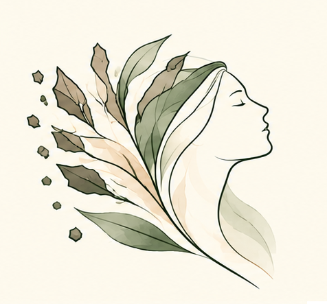 An illustration of a woman's profile with long hair, eyes closed, with a background of a heart-shaped scene depicting a girl sitting with her arms around her knees, and leaves on the side.