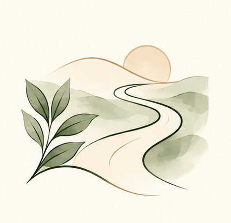 Illustration of a sunset or sunrise over mountains, with a winding road and a signpost and leaves in the foreground.