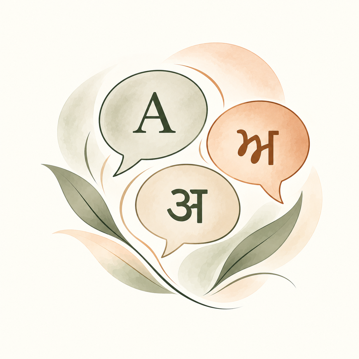 Four speech bubbles with the Hindi and English characters for 'A' and 'Mother,' along with a green leaf illustration.