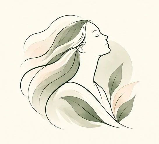 Illustration of a woman with long, wavy brown hair, viewed from behind, with a leaf plant on the right side.