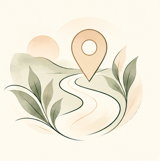 Illustration of a map pin over a winding path and green leaves, on a circular background.