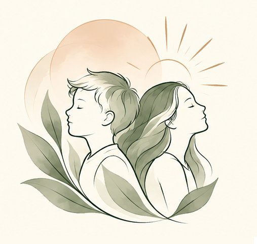 Illustration of a boy and girl with backpacks, facing away, with a green plant leaf in the foreground, set against a light circular background.