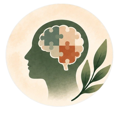 Silhouette of a human head with a puzzle-piece brain, accompanied by a leaf.