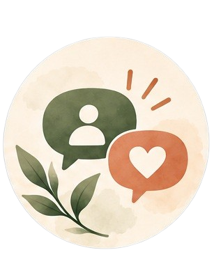 Illustration of two speech bubbles, one with a person icon in green and the other with a heart in orange, with green leaves at the bottom.