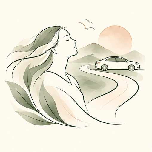 Illustration of a green car on a curved road with leaves and a sun in the background.