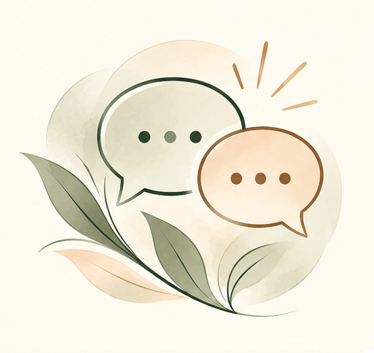 Illustration of two speech bubbles, one with a person icon in green and the other with a heart in orange, with green leaves at the bottom.