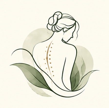 Back view of a woman with her hair in a bun, showing a target-like graphic on her upper back, and a large green leaf on her right side.
