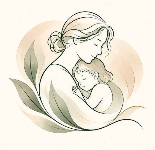Illustration of three people, a man, woman, and child, seen from behind, with the woman and man holding the child. There are green leaves in the foreground.