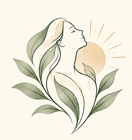Illustration of a woman with closed eyes, long dark hair, and leaf designs in her hair and behind her, against a light circular background.