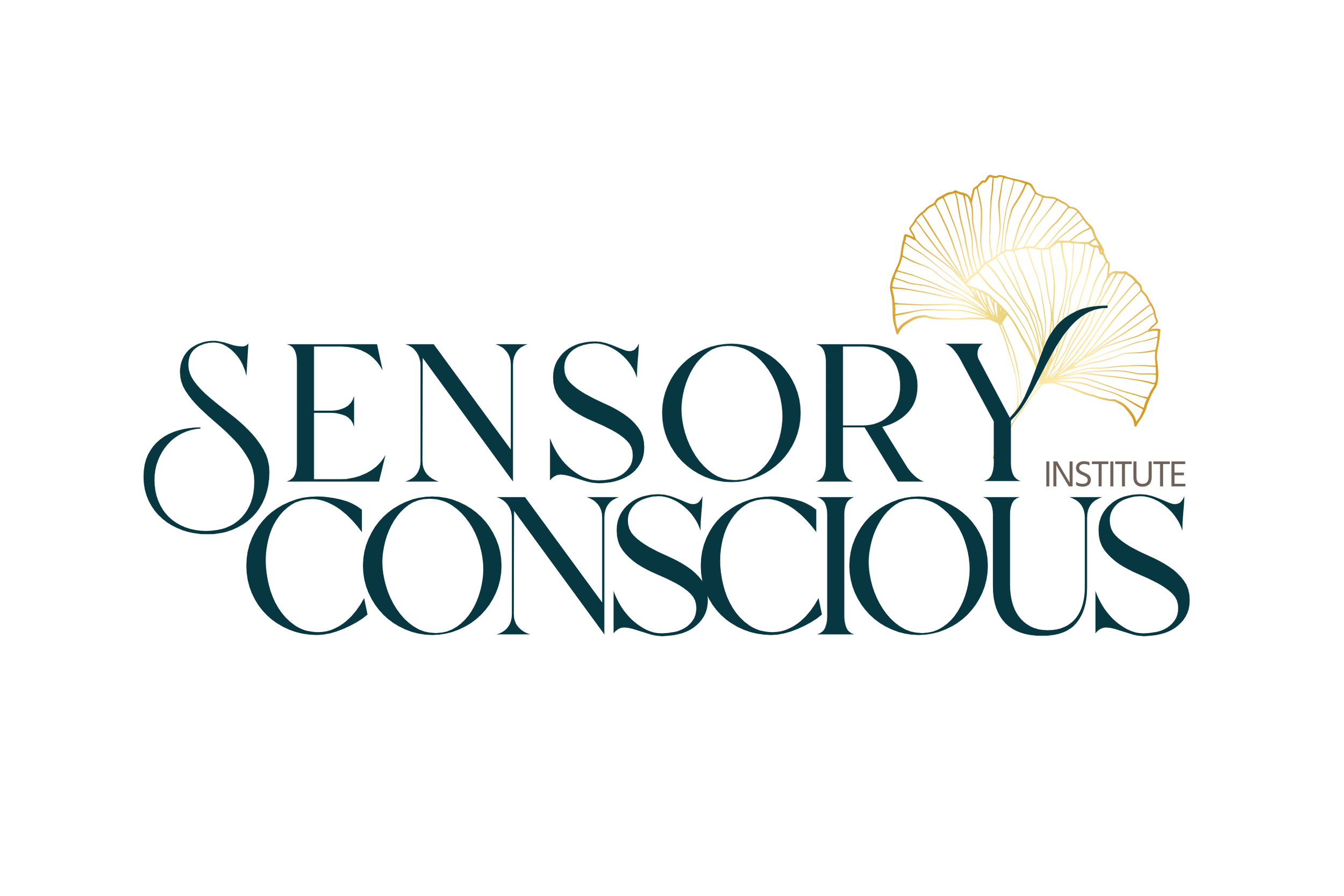 Sensory Conscious Institute logo with stylized gold ginkgo leaves and text in dark teal and brown.