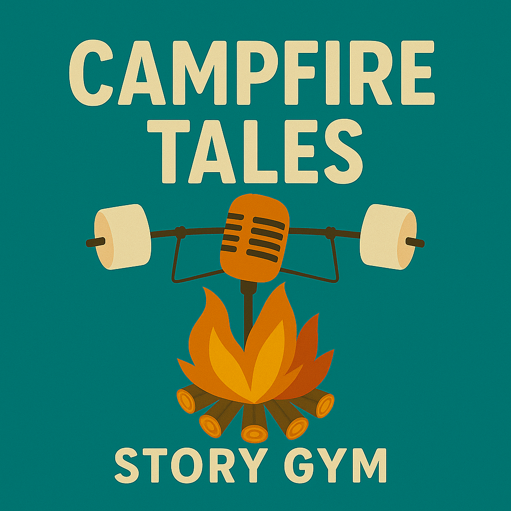 A graphic for a podcast or story series called "Campfire Tales Story Gym," featuring an orange microphone held by arms above a campfire surrounded by logs, with the text "Campfire Tales" above and "Story Gym" below.