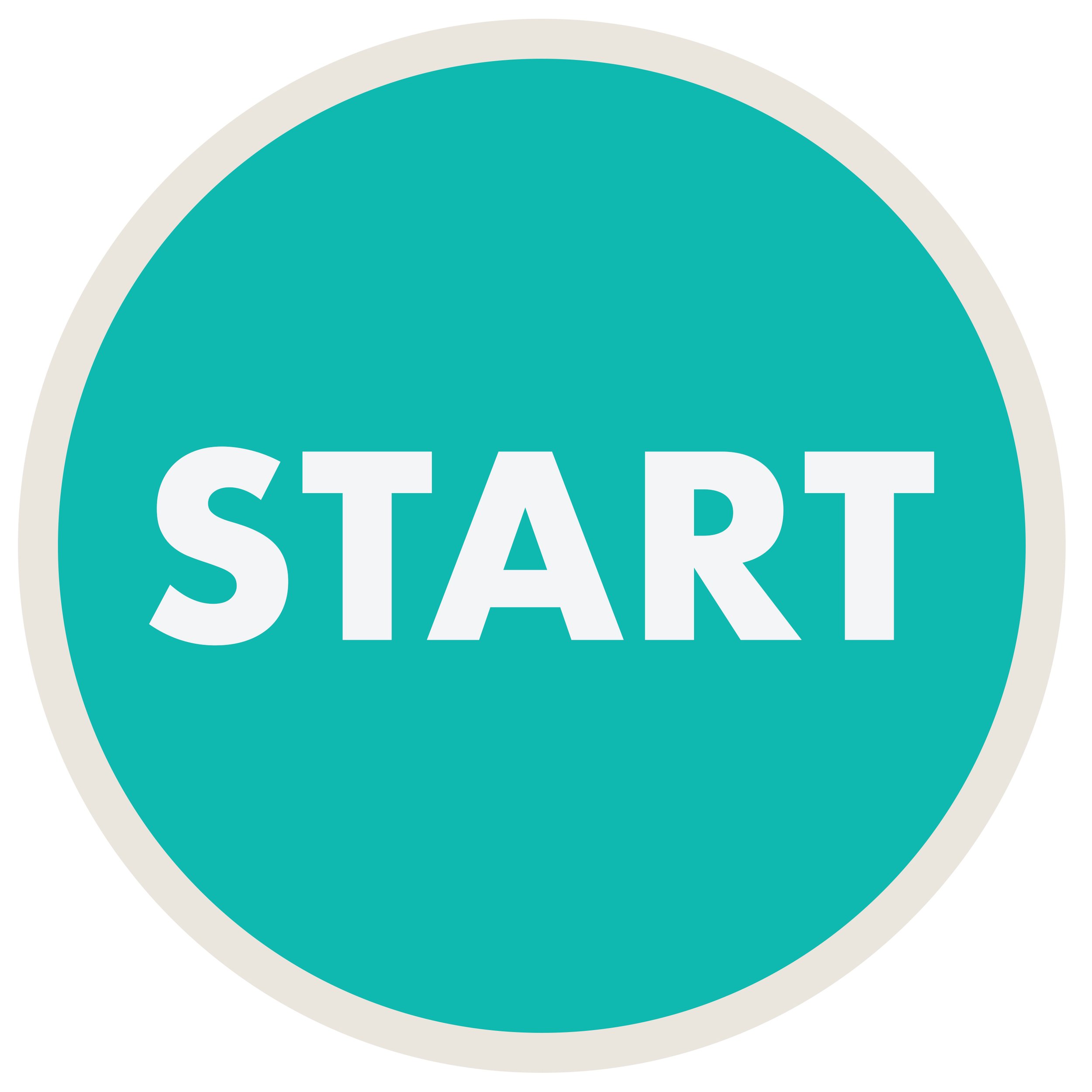 Blue circular button with white border and the word 'START' in white, centered.