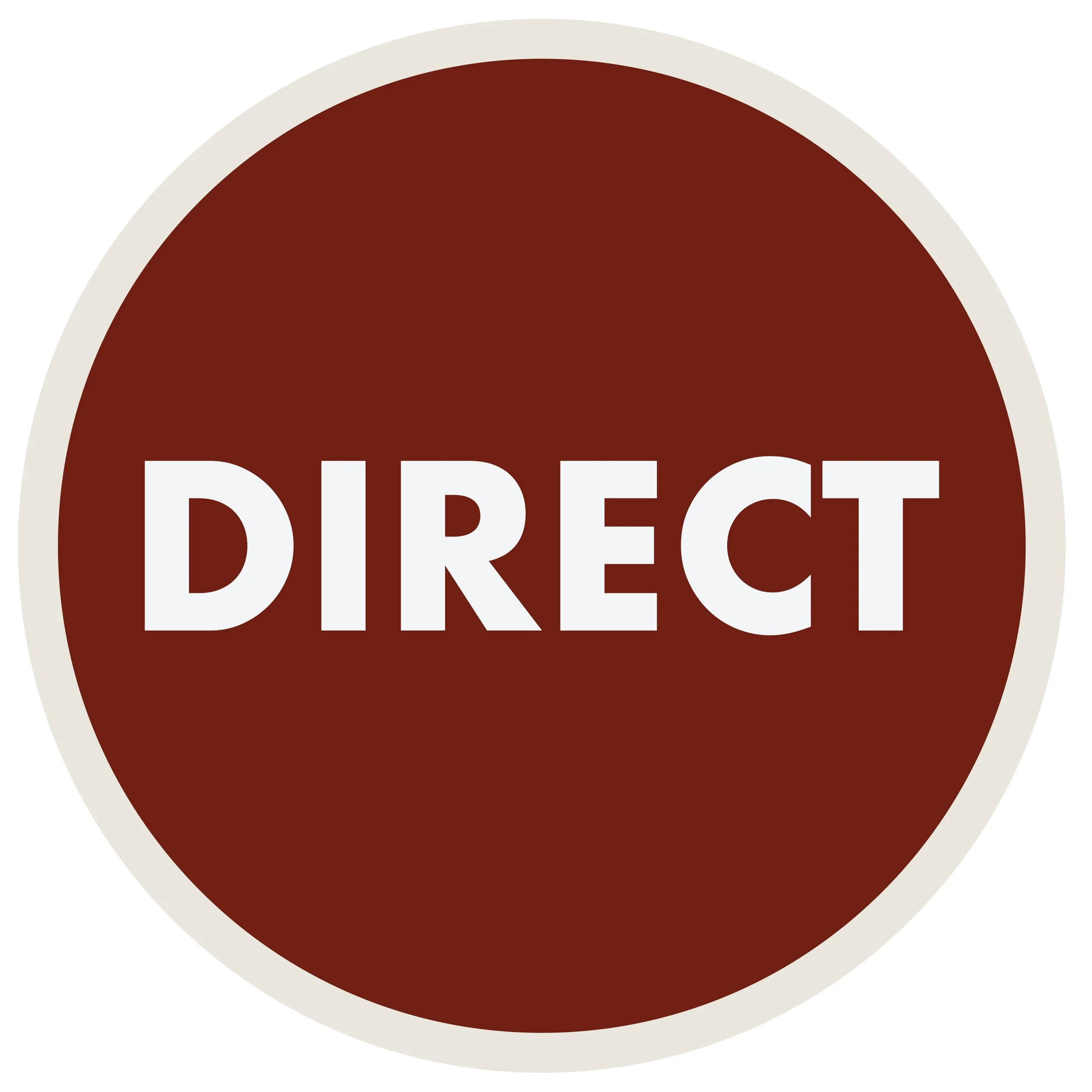 A circular sign with a red background and white border, displaying the word 'DIRECT' in white uppercase letters.