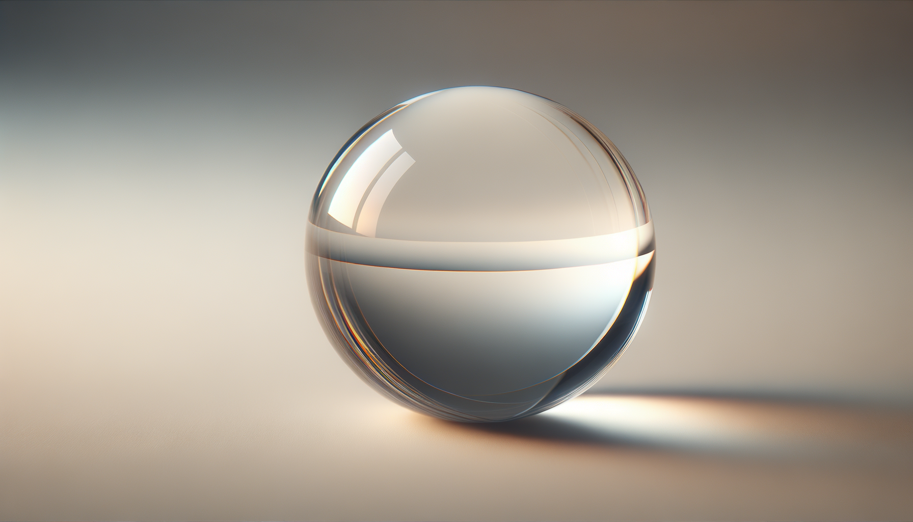 Close-up of a transparent glass marble on a light surface with soft shadows and reflections.