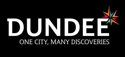 Dundee city logo with name and tagline 'One City, Many Discoveries' on a black background