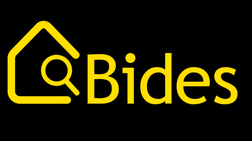 A logo featuring a yellow house outline with a magnifying glass inside, followed by the word 'Bides' in yellow text on a black background.