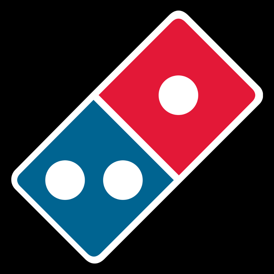 Domino's pizza box logo with red and blue sections and white circles.