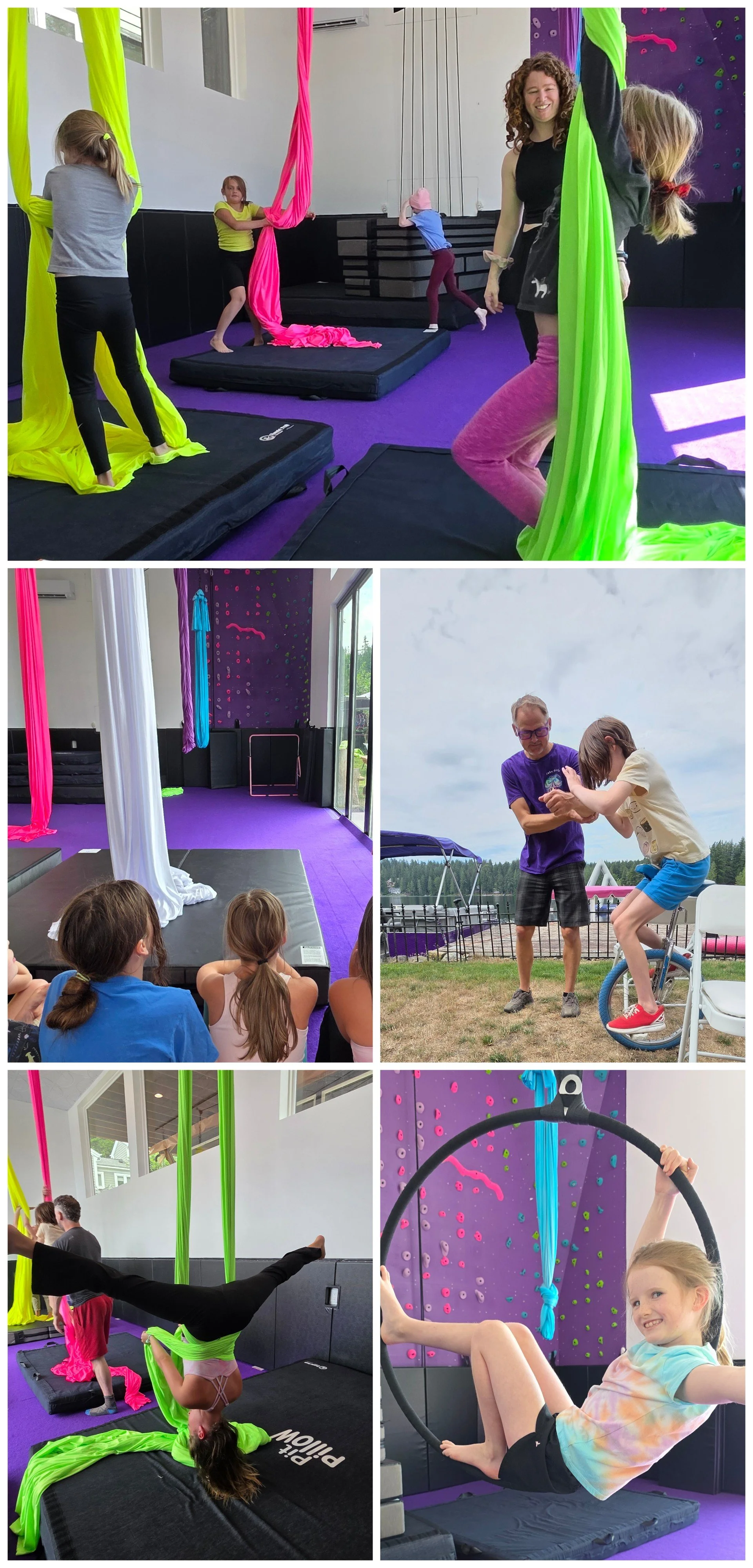 Children and adults participating in aerial arts activities at an indoor gym with colorful silk hammocks and climbing walls, and outdoors with a person helping a girl on a unicycle.