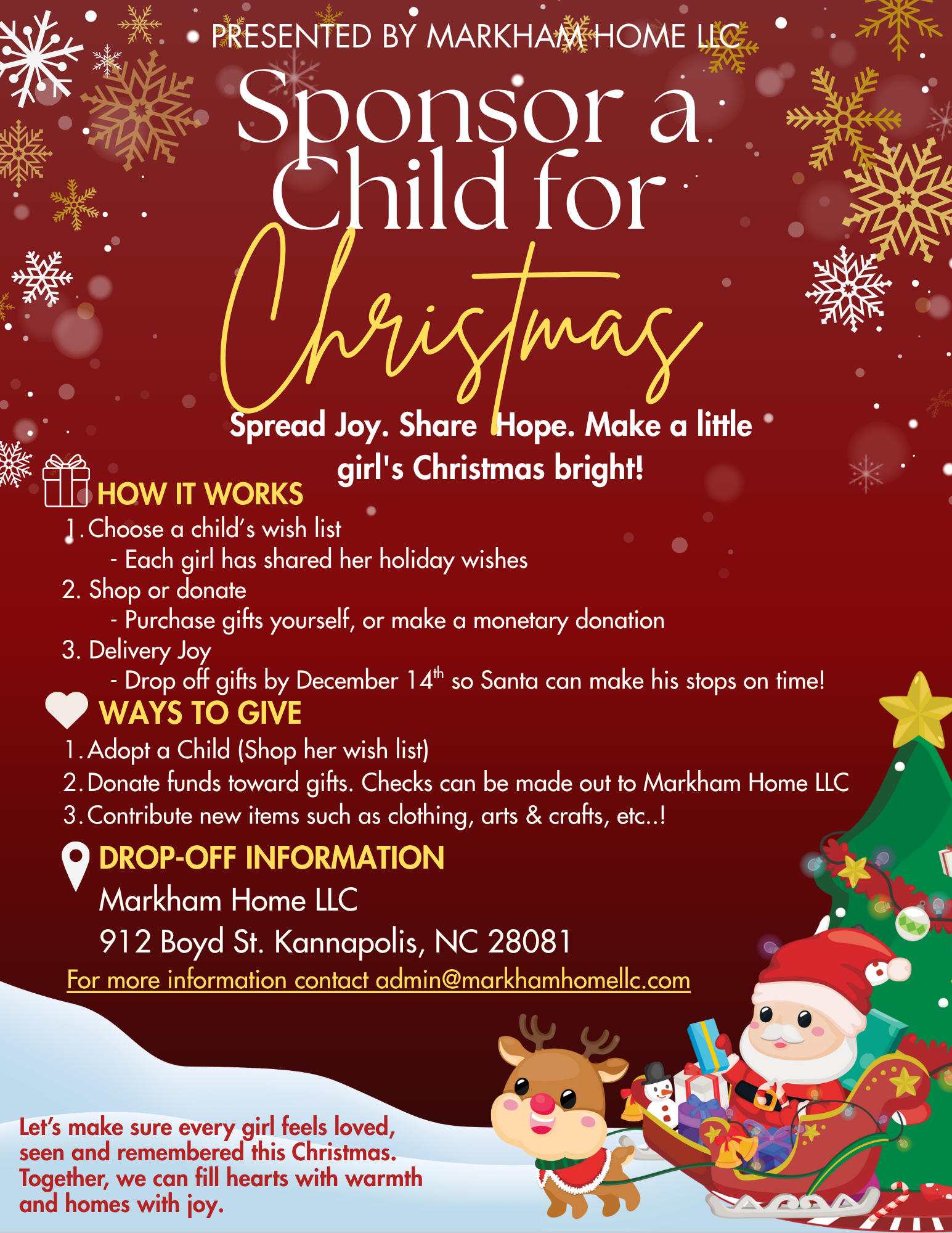Christmas charity event flyer with details about sponsoring a girl for Christmas including how to participate and drop-off information. Features Christmas-themed illustrations of Santa, a reindeer, a decorated Christmas tree, and snowflakes on a red background.