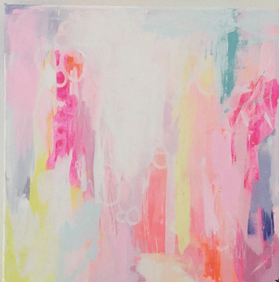 Abstract pastel-colored painting with pink, yellow, and blue hues, featuring broad brushstrokes and indistinct shapes.