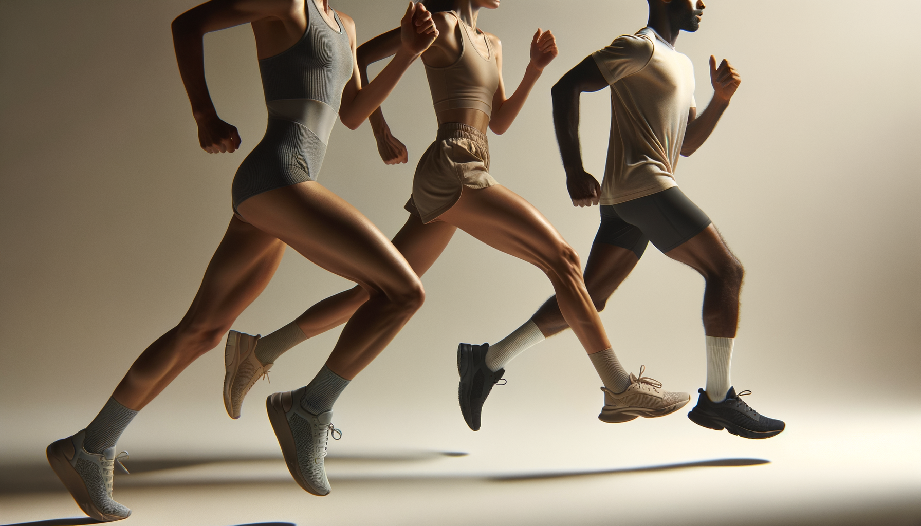 Three people running together, dressed in athletic clothing and sneakers, captured in mid-stride.