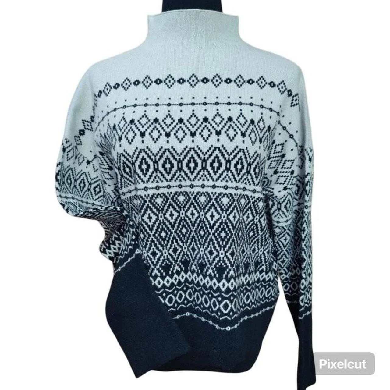 Joie XL Mock Turtleneck Fair Isle Geometric Knit Pullover Sweater Black White