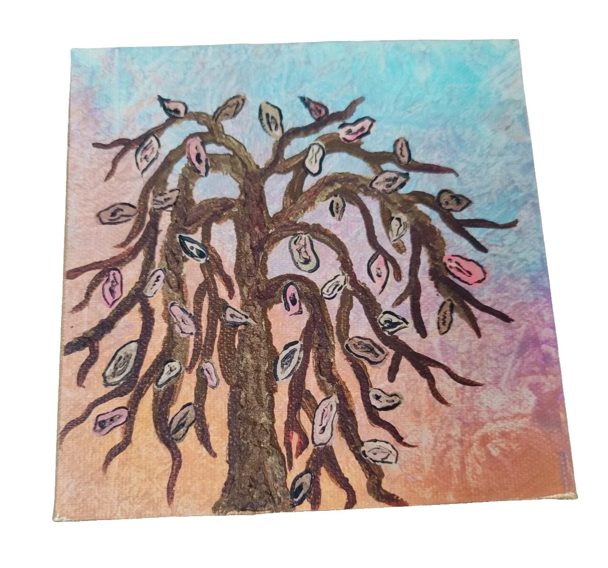 Handmade Whimsical Rose-Gold "Pussy Willow" Painting 7" x 7" Canvas