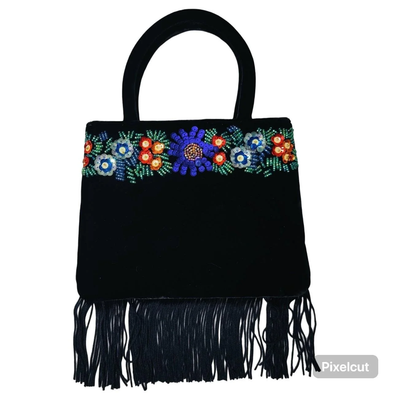 VTG Franchi Y2K Black Velvet Mini Purse Sequins Tassels Magnetic Snap Closure