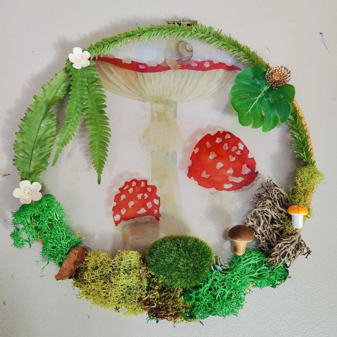 Medium 10" Mushroom & Moss Embroidery Hoop Wreath Harvest Fall Decor Handmade