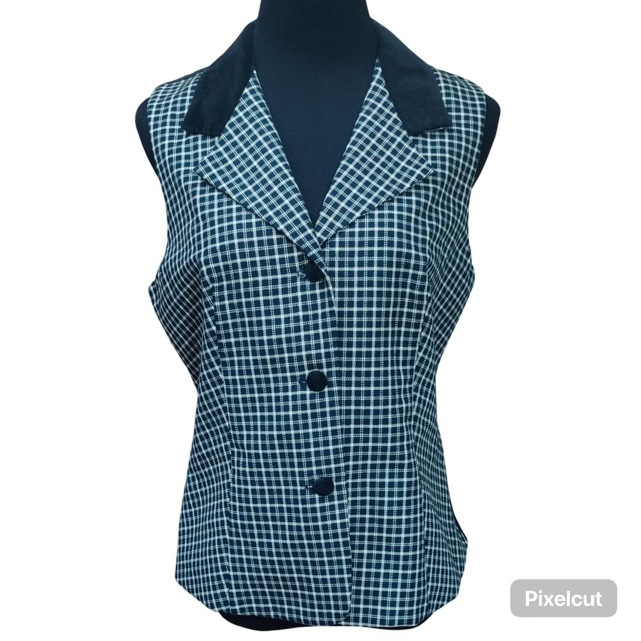 VTG CWS Casual Work Styles Vest Black & White Plaid Collar Button-up Size M